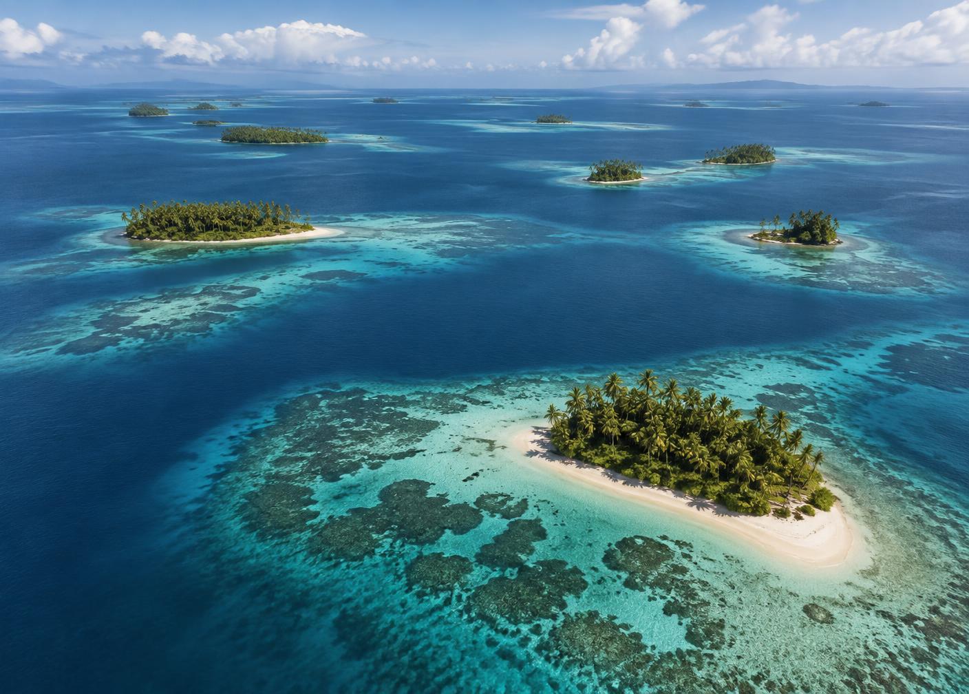 Aerial view of islands and coral reefs